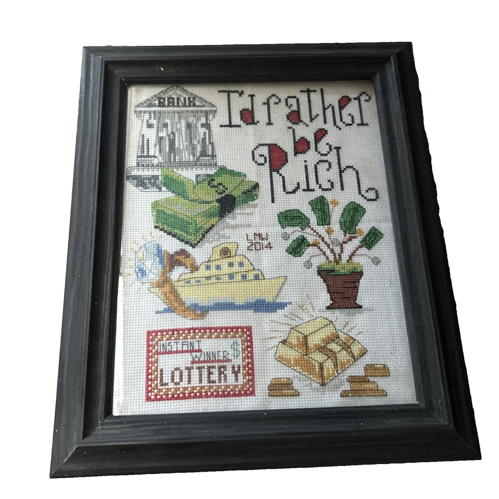 Vintage Wood Framed Cross Stitch “I’ll Rather Be Rich” Manifestation Money Cash